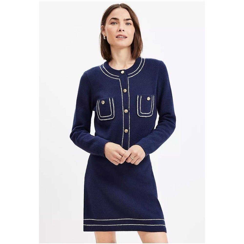 LOFT Topstiched Skirt & Sweater Set Navy Blue, White Trim, Gold Button - NWT